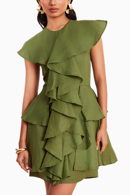 Moss Green Hemp Ruffle Dress