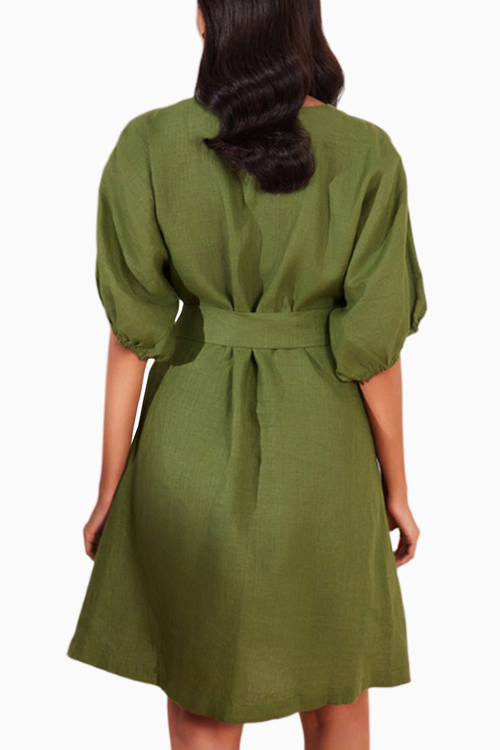 Moss Green Hemp V-Neck Pleated Dress