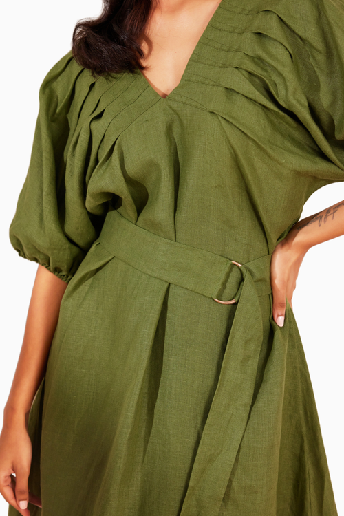 Moss Green Hemp V-Neck Pleated Dress