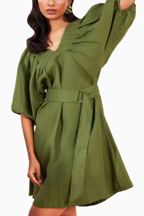 Moss Green Hemp V-Neck Pleated Dress