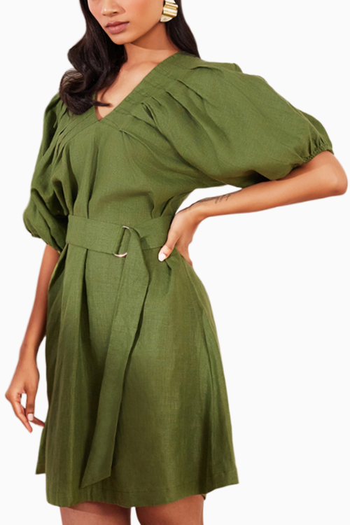 Moss Green Hemp V-Neck Pleated Dress