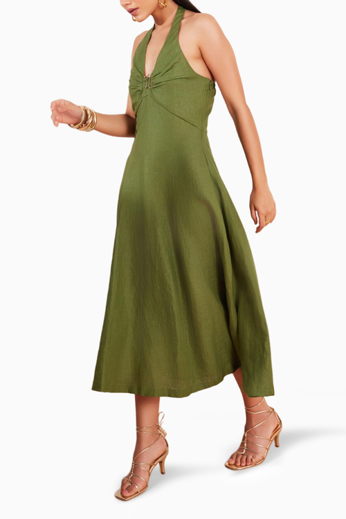 Moss Green Hemp Halter Midi Dress