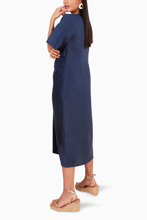 Moroccan Blue Hemp V-Neck Ruched Midi Dress