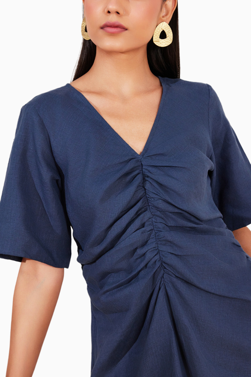 Moroccan Blue Hemp V-Neck Ruched Midi Dress