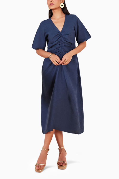 Moroccan Blue Hemp V-Neck Ruched Midi Dress