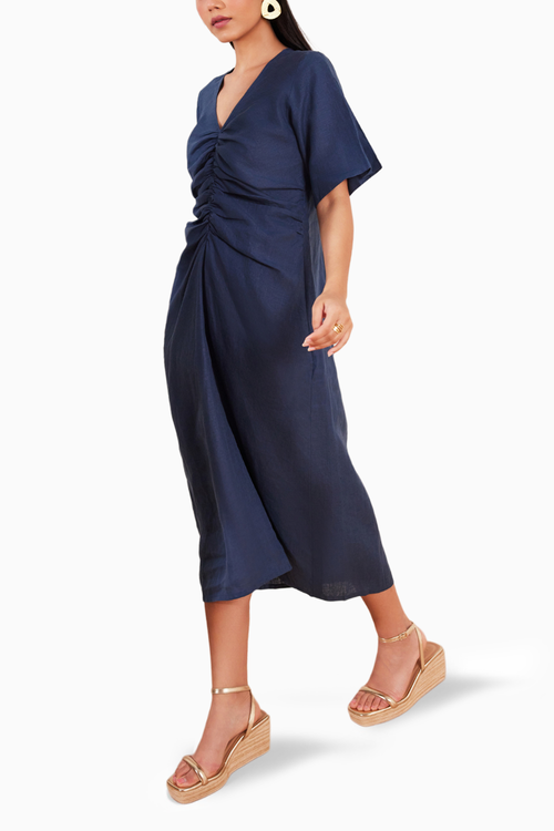 Moroccan Blue Hemp V-Neck Ruched Midi Dress