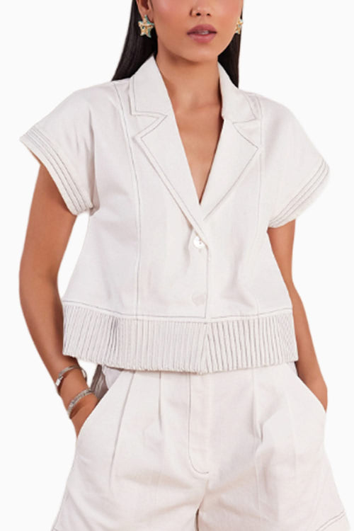 White Denim Crop Jacket with Blue Cording Detail