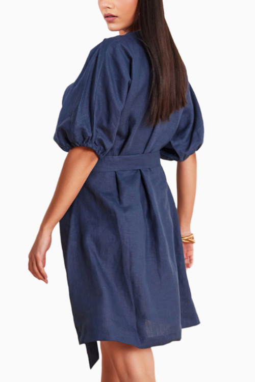 Moroccan Blue Hemp V-neck Pleated Dress