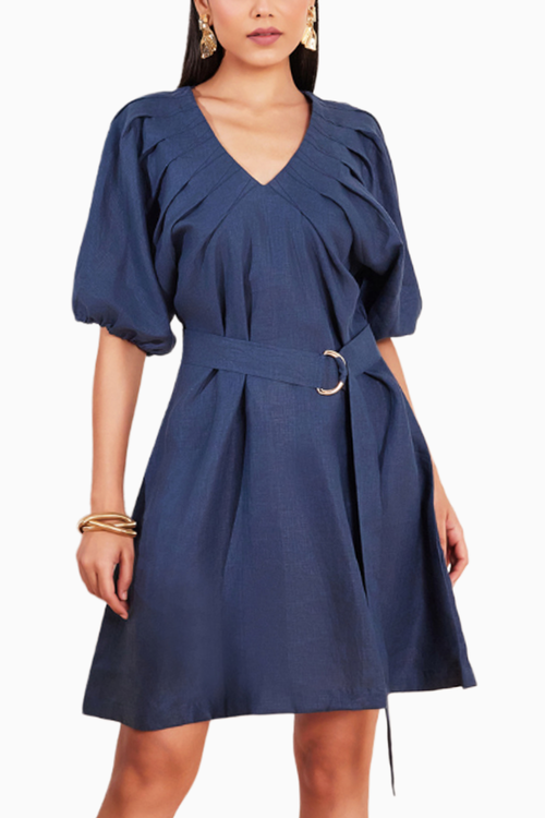 Moroccan Blue Hemp V-neck Pleated Dress