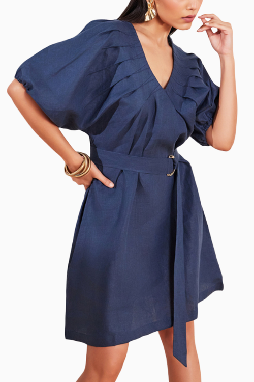 Moroccan Blue Hemp V-neck Pleated Dress