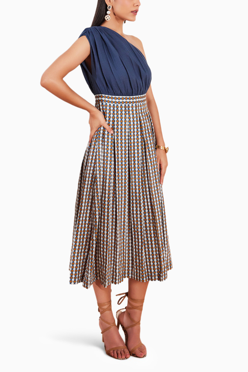 Summer Circle Color Blocked One Shoulder Midi Dress