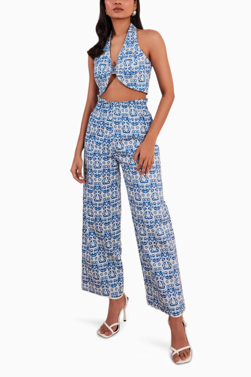 Denim Abstract Print Bustier and Paper Bag Pant