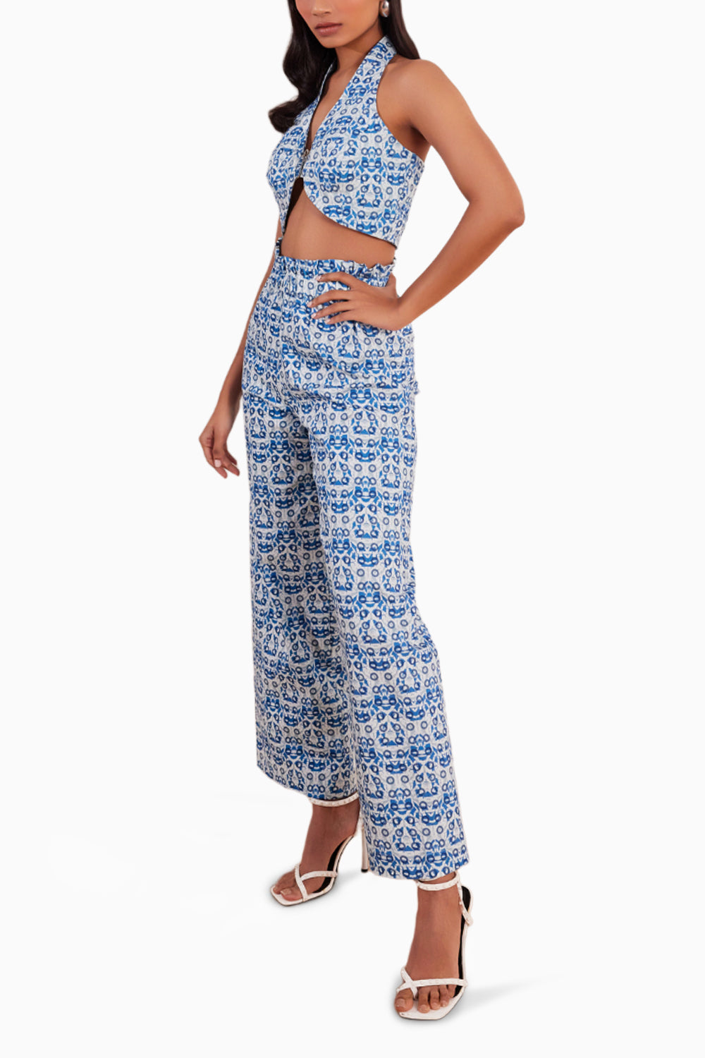 Denim Abstract Print Bustier and Paper Bag Pant