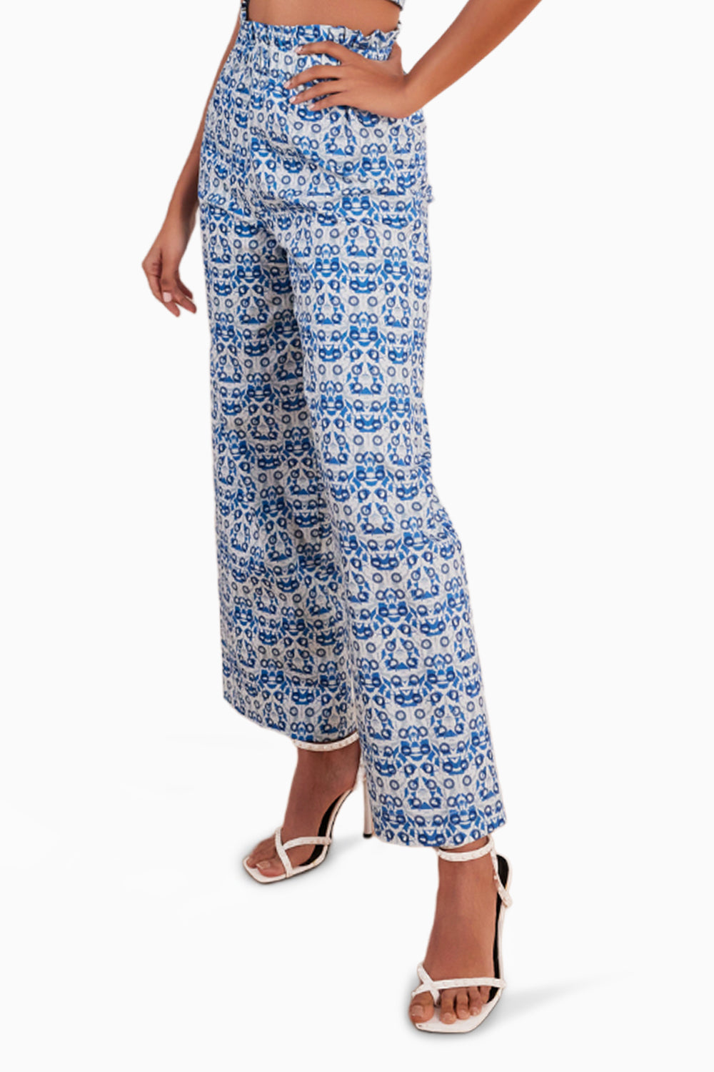 Denim Abstract Print Paper Bag Pant