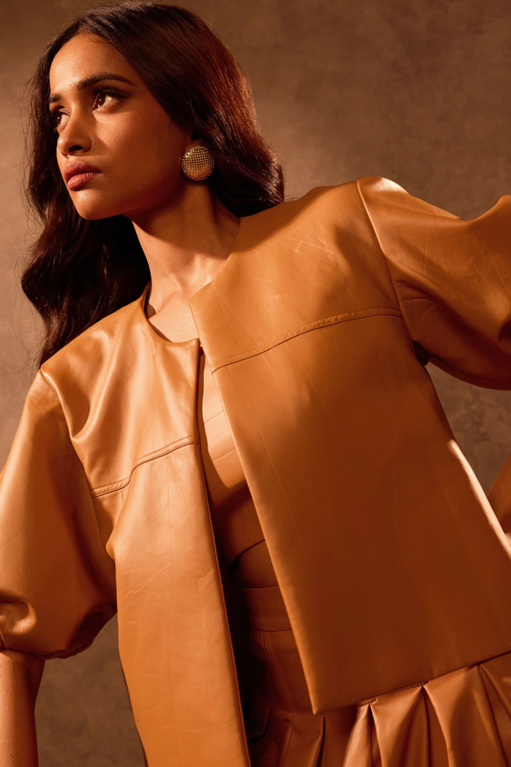 Tan Faux Leather Bubble Sleeve Crop Jacket