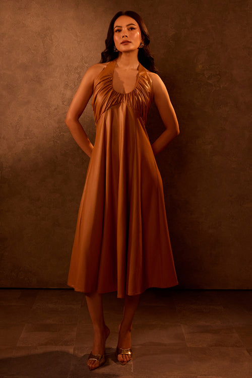 Tan Faux Leather Bustier Halter Midi Dress