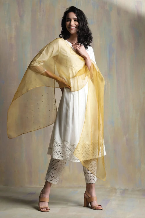 Swarovski Pearl White Gathered Kurta Set with Yellow Dupatta