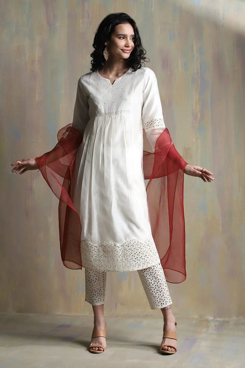 Swarovski Pearl White Gathered Kurta Set with Red Dupatta