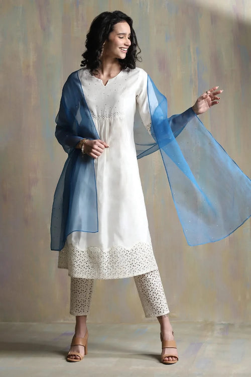Swarovski Pearl White Gathered Kurta Set with Blue Dupatta
