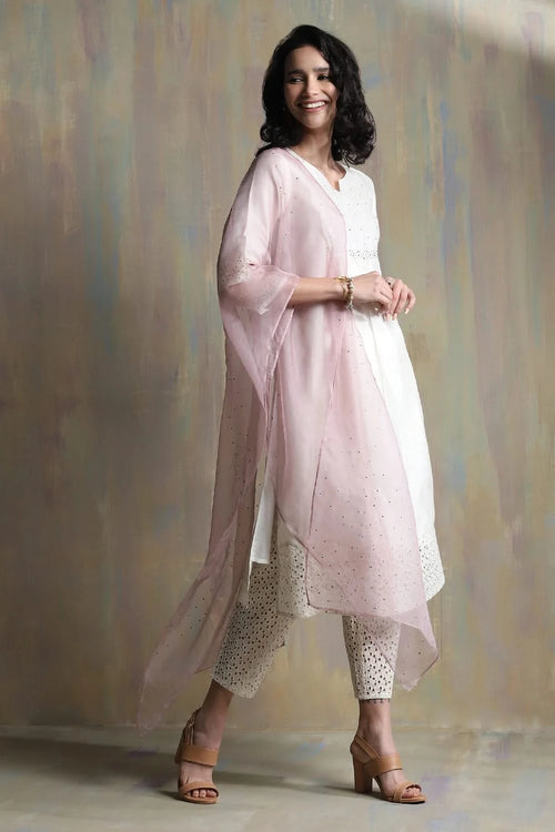 Swarovski Pearl White Gathered Kurta Set with Pink Dupatta