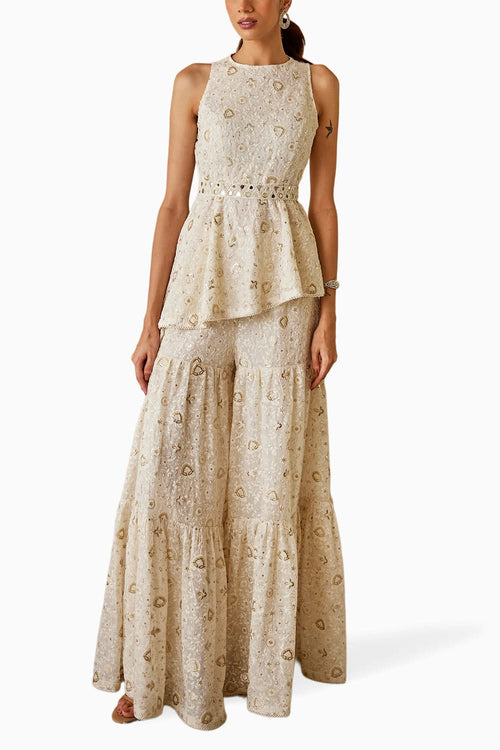 Chikankari Asym Top with Layered Shararas