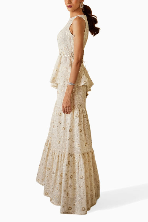 Chikankari Asym Top with Layered Shararas
