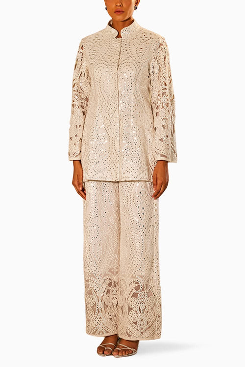 Ivory Jalliwork Jacket with Straight Pants