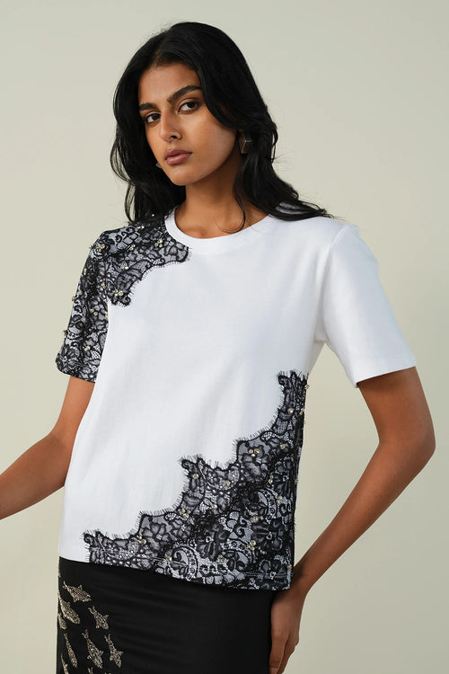 Lace Applique Embellished T-Shirt