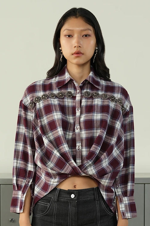 Check Embellished High-Low Shirt