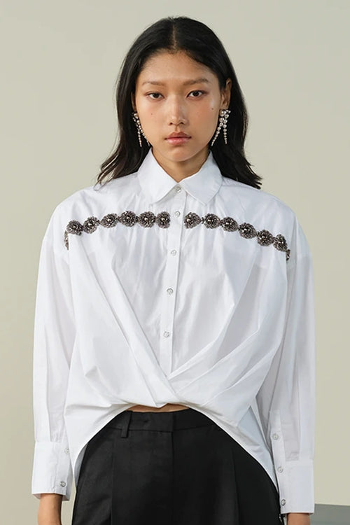 White Embellished High-Low Shirt