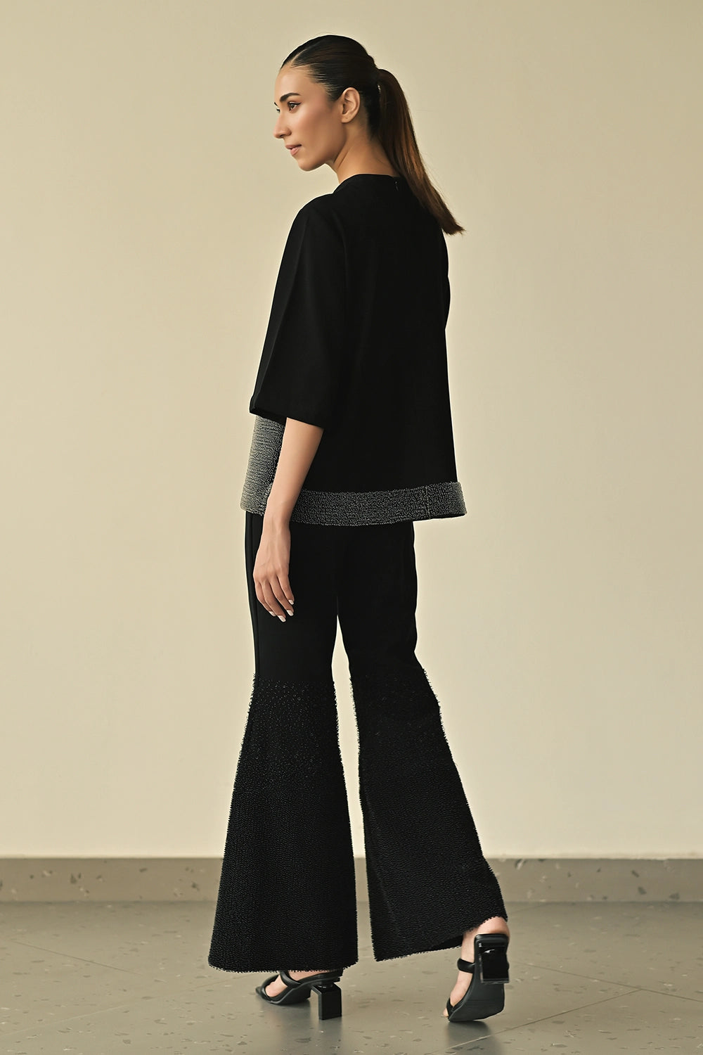Black Landscape Top with Gradated Bell Trousers