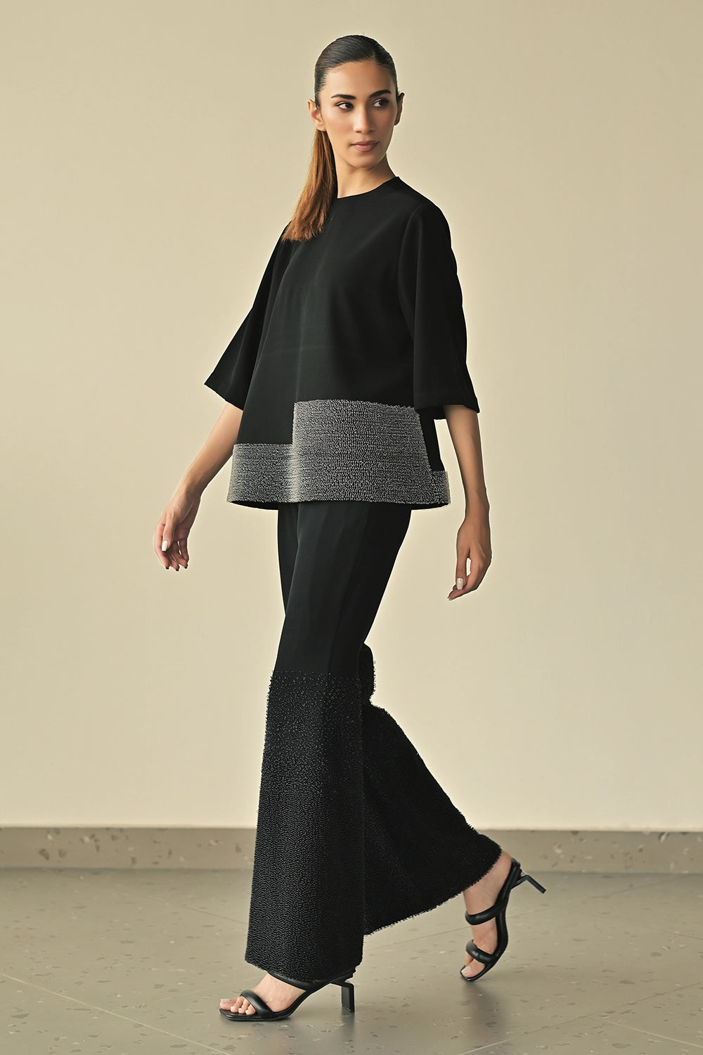 Black Landscape Top with Gradated Bell Trousers