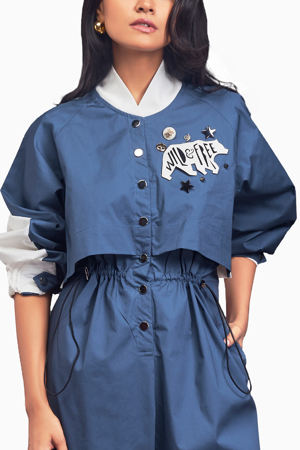 Blue & White Utility Jumpsuit With Badges