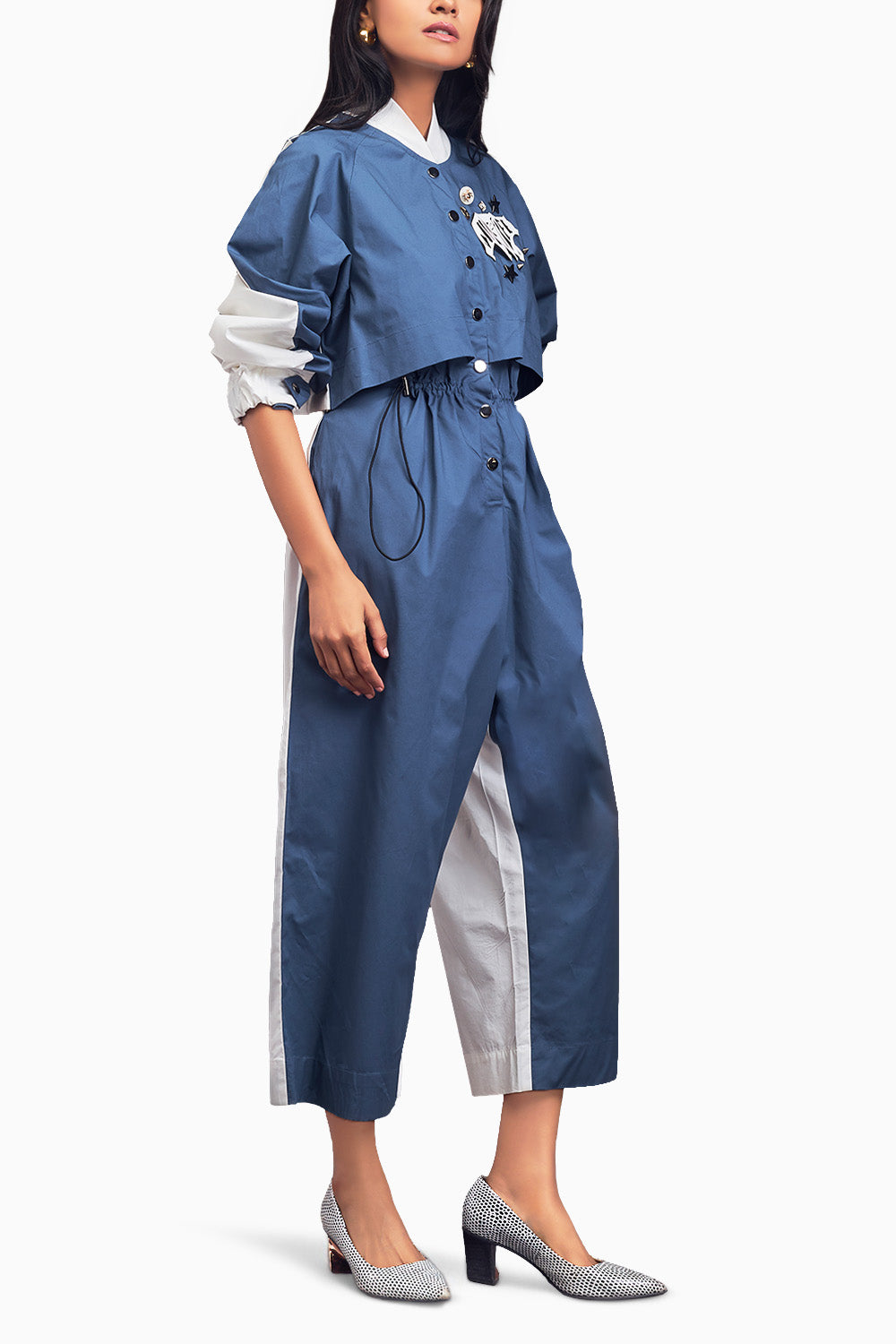 Blue & White Utility Jumpsuit With Badges