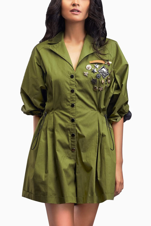 Green Lapel Collared Pleated Playsuit