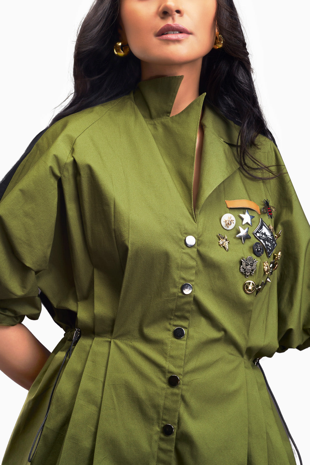 Green Lapel Collared Pleated Playsuit