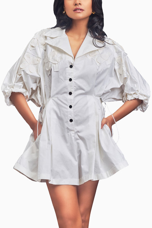 White Lapel Collared Pleated Playsuit