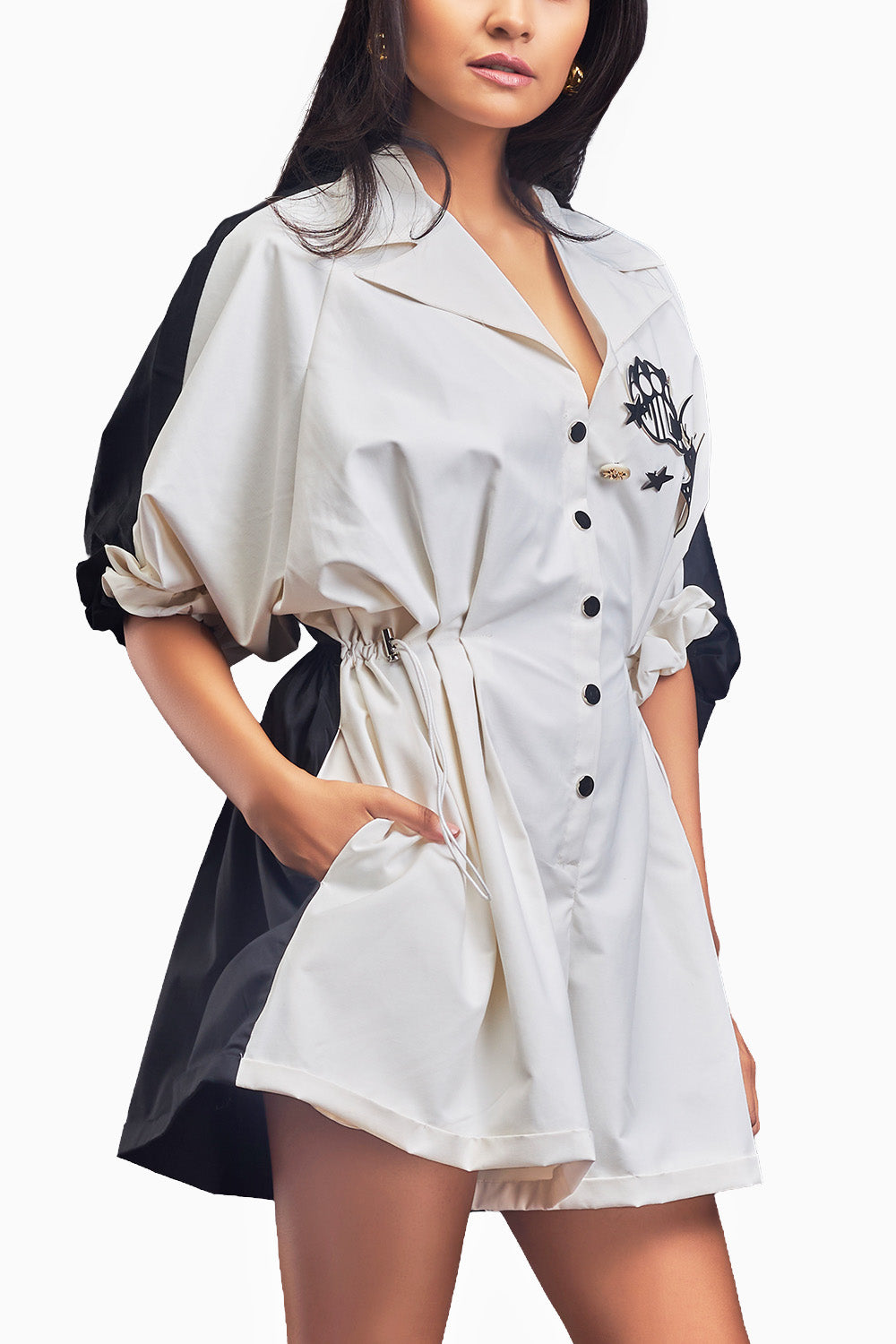 Black & White Lapel Collared Pleated Playsuit