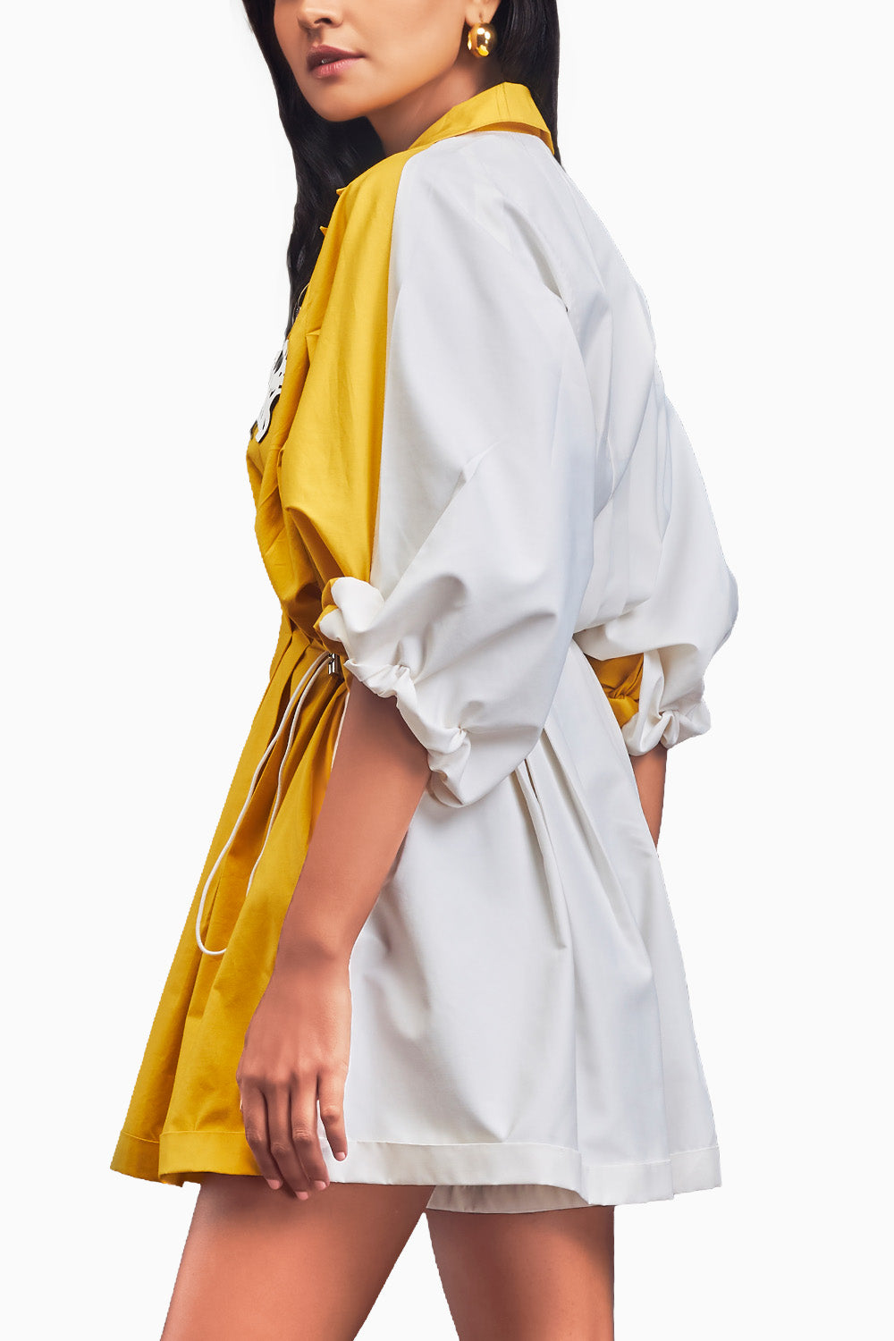 Yellow & White Lapel Collared Pleated Playsuit