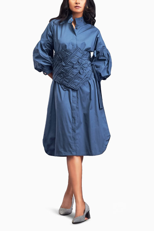 Blue Shirt Dress With Applique Corset