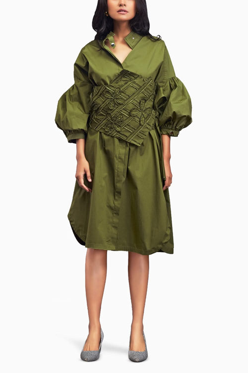 Green Shirt Dress With Applique Corset