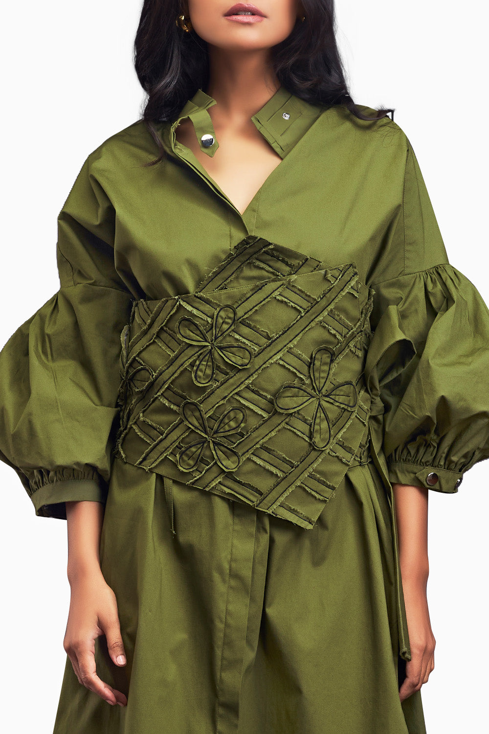 Green Shirt Dress With Applique Corset