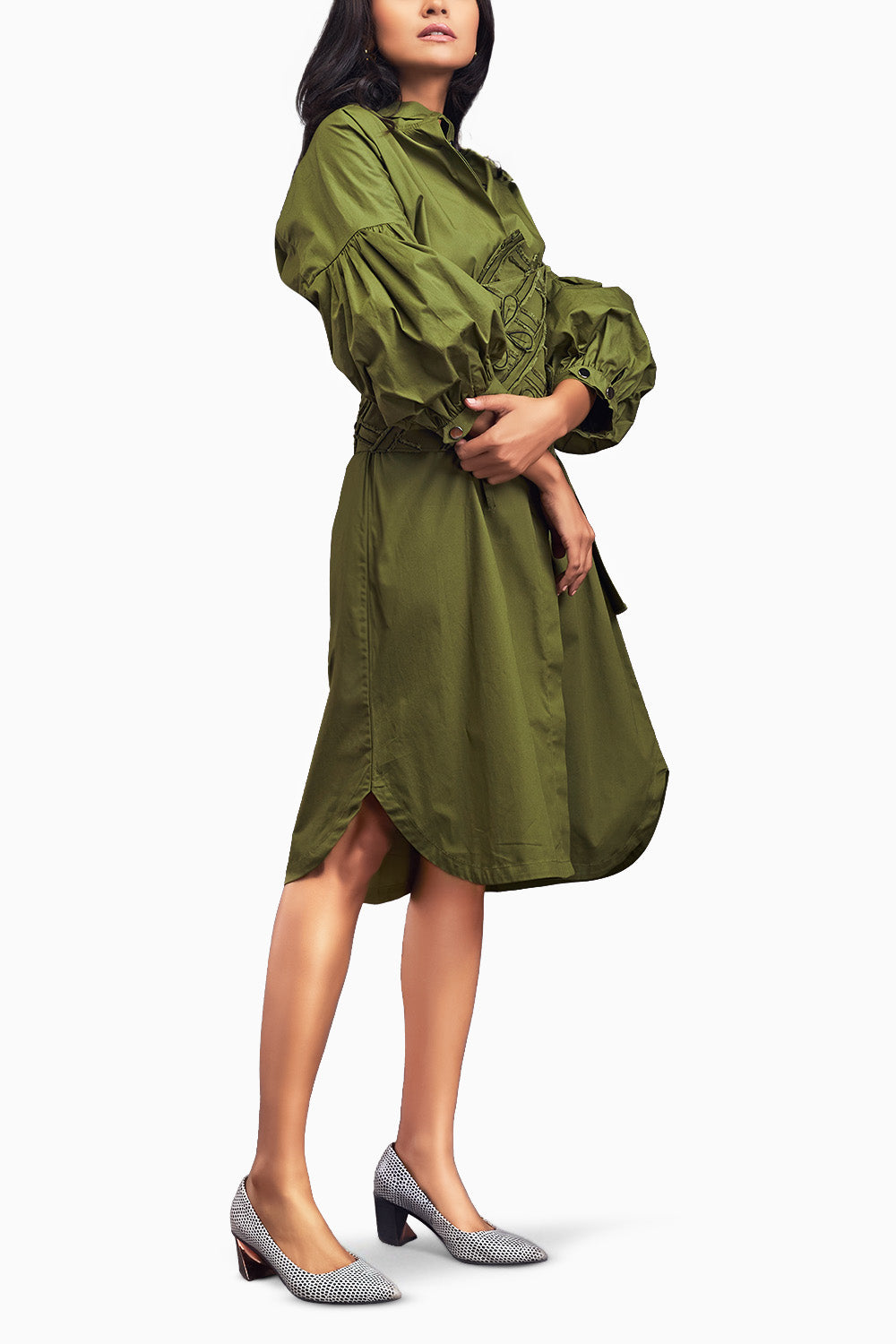 Green Shirt Dress With Applique Corset