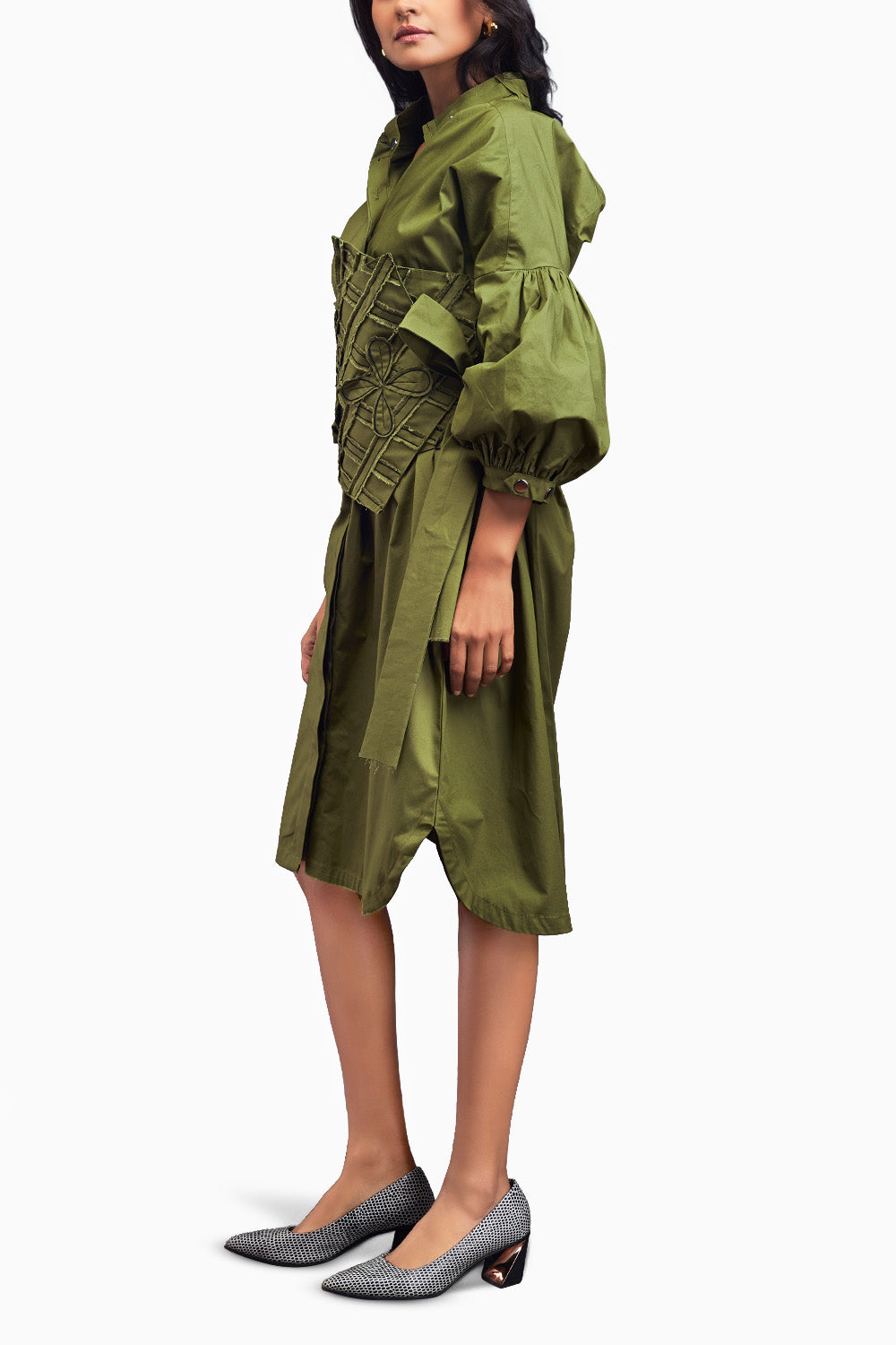 Green Shirt Dress With Applique Corset