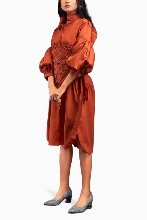 Rust Shirt Dress With Applique Corset