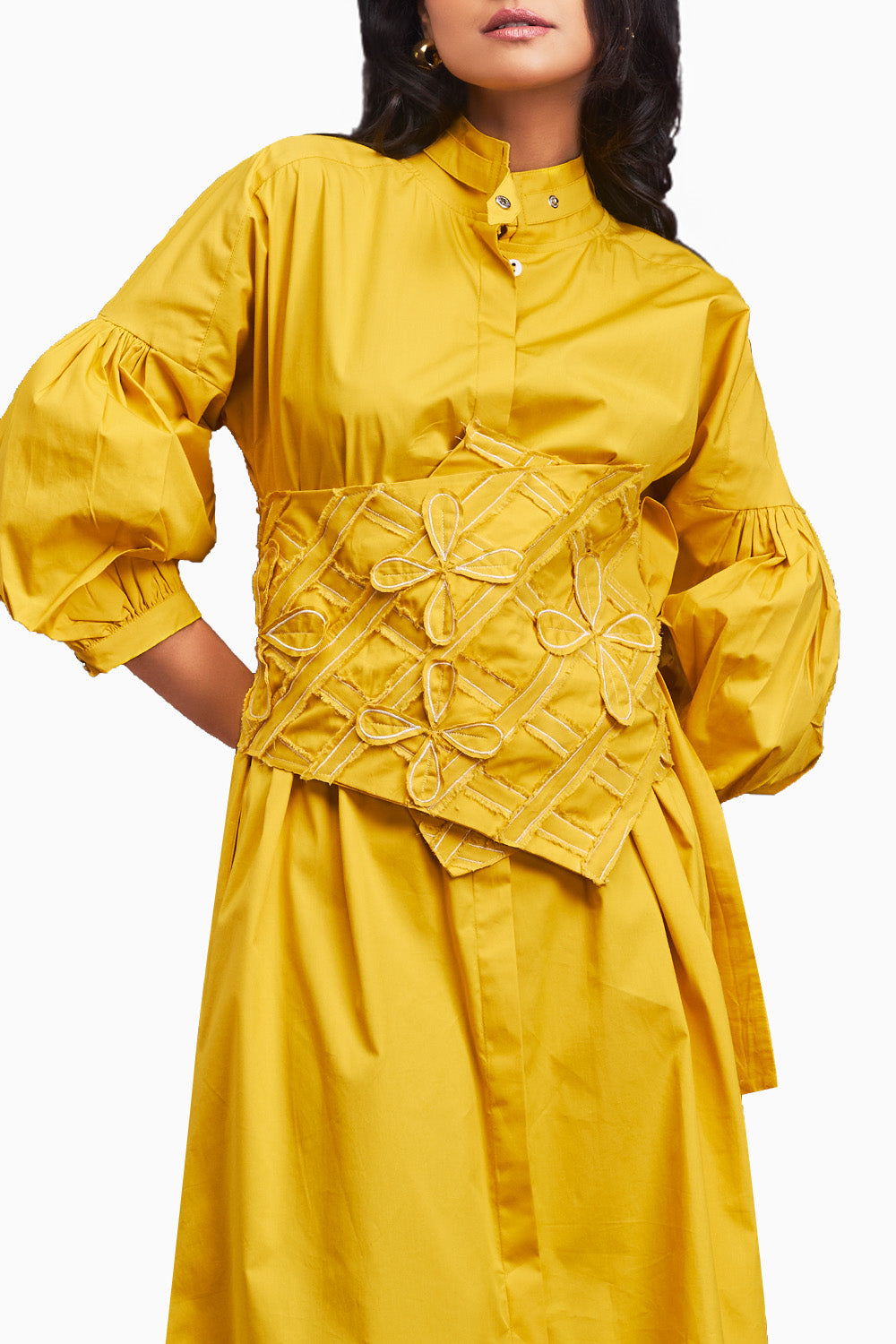 Yellow Shirt Dress With Applique Corset