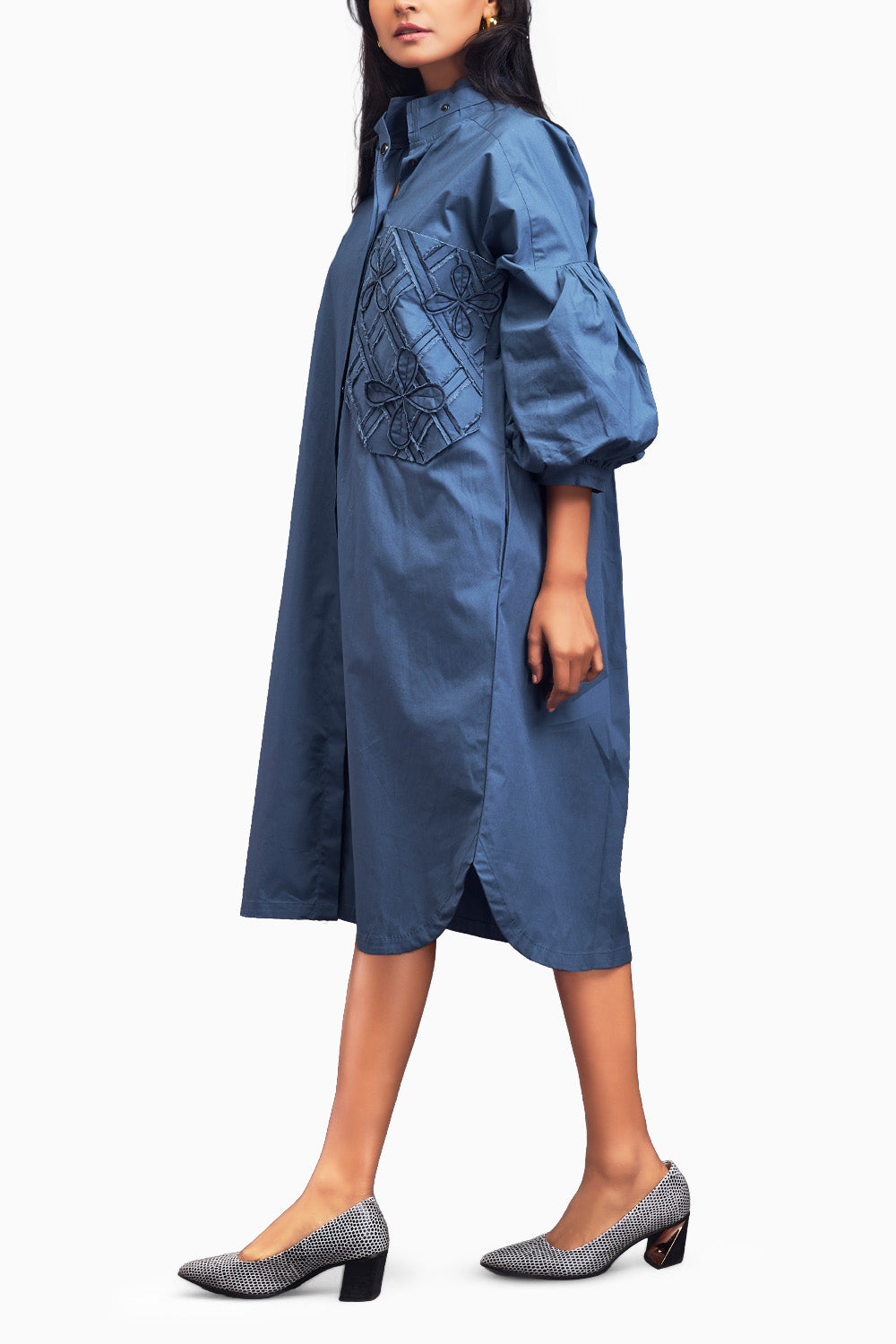 Blue Oversized Shirt Dress With Embroidered Pocket