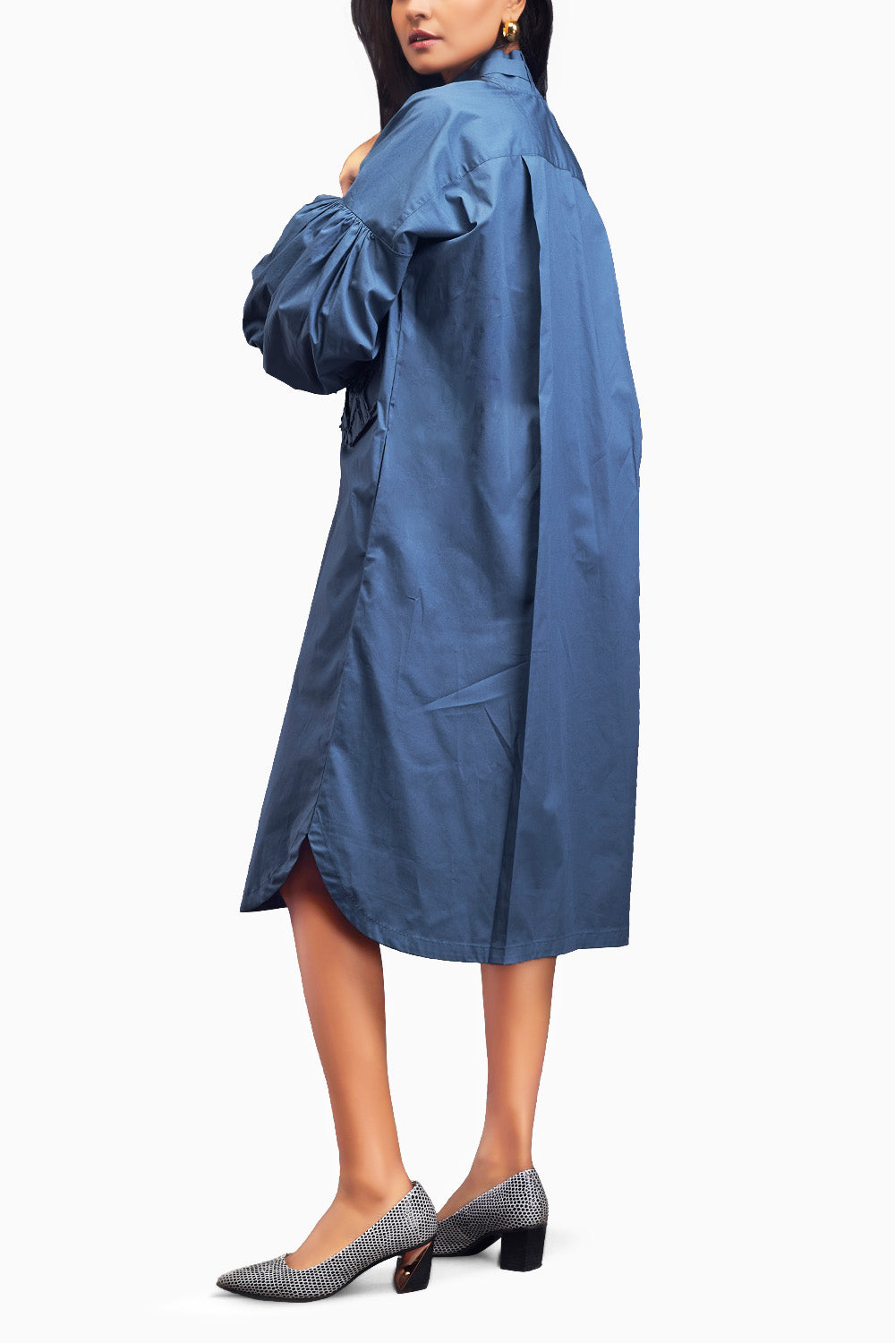 Blue Oversized Shirt Dress With Embroidered Pocket