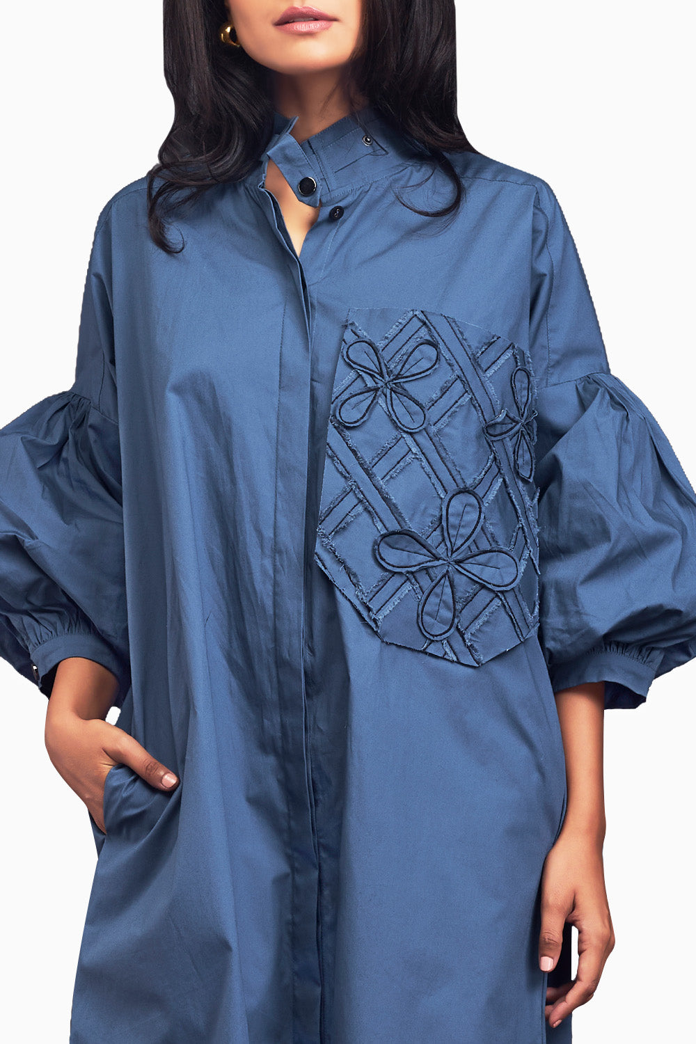 Blue Oversized Shirt Dress With Embroidered Pocket