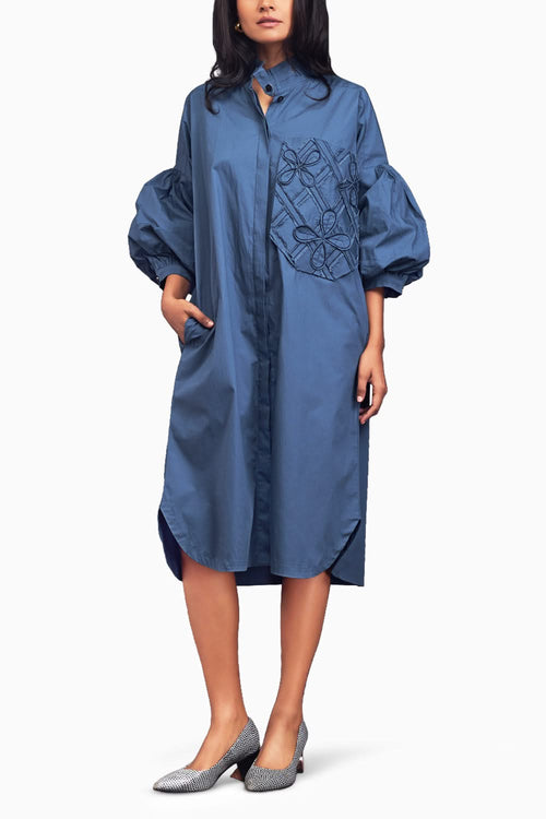 Blue Oversized Shirt Dress With Embroidered Pocket